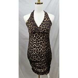 NWT ROMWE Leopard Print Halter Bodycon Mini Dress Brown Black Ruched Sm Party